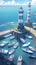 A group of boats sitting in the water near a lighthouse. AI generative image