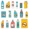 Group bottles of chemicals for household on white background.