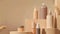 A group of bottles and containers sitting on a table, monochromatic beige podiums with various beauty products