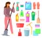 Group of bottles of household chemicals, supplies and cleaning, tools and containers for cleaning