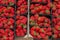 Group of boxes filled with strawberries seen from above