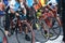 A group of boys dressed in cycling sports along with their bikes