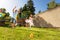 Group of boys, girls play game throw hula rings