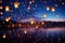 group of bright floating lanterns against night sky