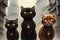A group of bright and intelligent cats, each with a glowing necklace, roaming the city streets. AI generated