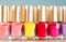 Group of bright nail polish bottles