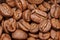 Group of brown coffee grains background, macro, close-up