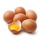 Group of brown eggs, one cracked revealing the yolk, Ai Generated