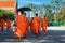 Group of Buddhist monks in orange clothes with a black umbrella. Back view.