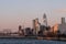 Group of buildings and skyscrapers of Hudson Yards view from pier 26 at sunset in TriBeca District Lower Manhattan New York City