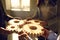 A group of business people holds wooden wheels with teeth in their hands on an office white table.