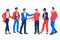 Group of business people and office colleagues communicating and shaking hands, flat vector.n