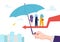 Group of business people together stand under umbrella, protect company team risk management flat vector illustration