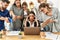 Group of business workers screaming to stressed partner at the office