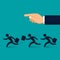 Group of businessman running in the same direction with big hand, vector business concept