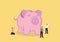 A group of businessman surround a gaint piggy bank. Concept of saving, investment or any corporate business concerning money