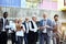 Group of businessmen walking down the street