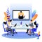 Group of businesspeople at the video conference call. Vector flat cartoon illustration. Online meeting with director