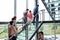 Group of busy office workers walking on stairs