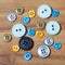 group of button studs on wooden background