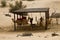 A group of camels and a handler man next to a safari camp in Dubai, UAE