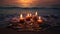 A group of candles sitting on top of a sandy beach. Generative ai