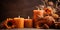 A group of candles sitting on top of a wooden table. Generative AI. Autumn, Thanksgiving decor.