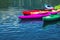 Group of canoes on the lake in the hot summer at children`s summer school