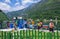 Group of canoes on the lake in the hot summer at children`s summer school