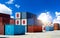 group of cargo containers with European Union flag, Chinese flag and Japan flag