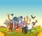 Group of cartoon animals on green park. Vector illustration of funny happy animals.