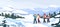 Group of cartoon backpacker winter hiking at mountain landscape panorama. Two active couple walking at snowy season