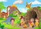 Group of cartoon cavemen and dinosaurs in the forest