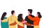 Group of cartoon friends standing and hugging together back view vector flat illustration