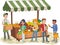 Group of cartoon teenager buying fruits at a street market stand. Local farmer selling fresh fruit on the street market.