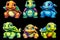 A group of cartoon turtles sitting next to each other. Generative AI image.