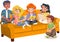 Group of cartoon young people on sofa.