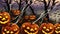 A Group Of Carved Jack O Lantern Pumpkins. Generative AI