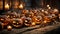 A group of carved pumpkins with candles on wood