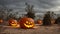 A Group Of Carved Pumpkins Sitting On Top Of A Dirt Field. Generative AI