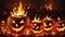 A Group Of Carved Pumpkins Sitting On Top Of A Pile Of Fire. Generative AI