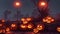 A Group Of Carved Pumpkins Sitting On Top Of A Stone Wall. Generative AI