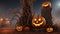 A Group Of Carved Pumpkins Sitting On Top Of A Tree Stump. Generative AI