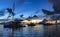 Group of catamarans on background sunset about Bora Bora island