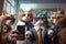 Group of cats in business suits taking a selfie with a mobile phone