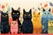 A group cats in a colorful, geometric pattern - Ristograph Art. AI Generated