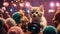 group of cats A humorous scene of a tiny kitten with an exaggerated smile, meowing into a toy camera