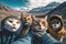 Group of cats in the mountains. Traveling with pets concept