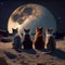 Group of cats sitting on the sand in front of the moon. Generative AI