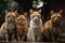 group of cats sitting together, looking into the camera with curious and playful expressions